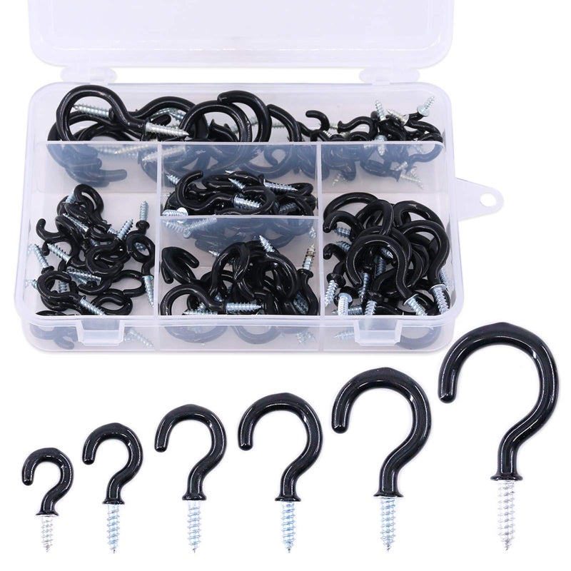 Glarks 100-Pieces 6 Sizes Black Vinyl Coated Cup Hooks Screw-in Ceiling Hooks Screw Hooks Mug Hooks Hangers Assortment Kit for Home and Office Use - Image 1